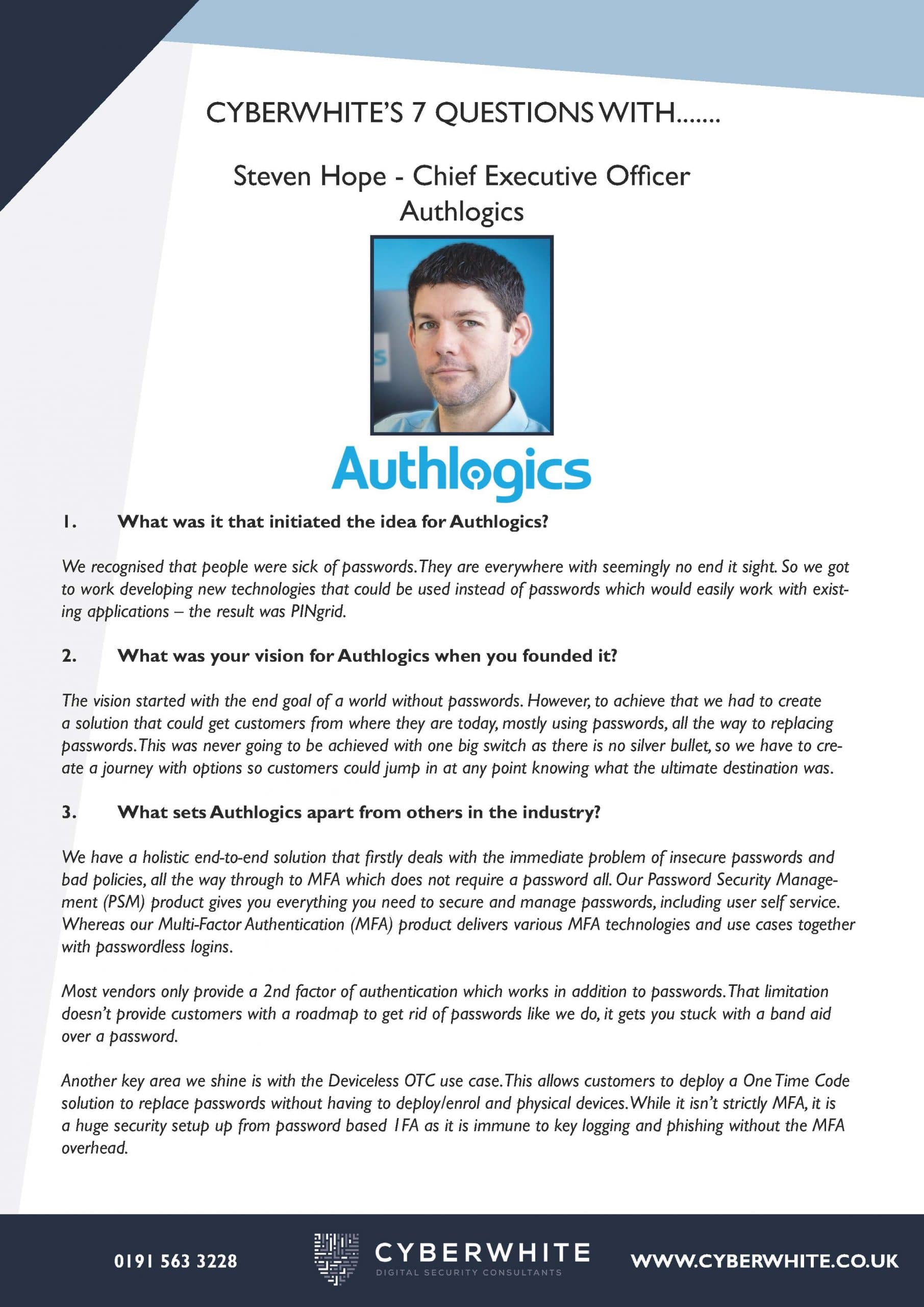 CyberWhite’s Seven Questions With – Steven Hope, Authlogics